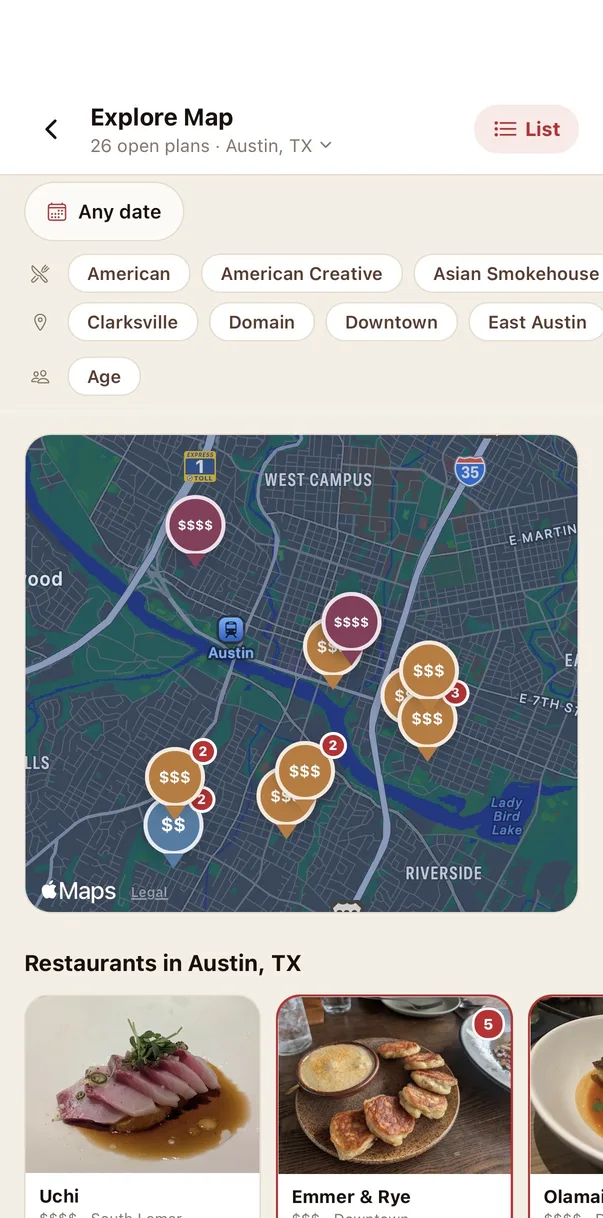 The Reserv app: open plans across Austin on a map, filtered by date, cuisine, and neighborhood