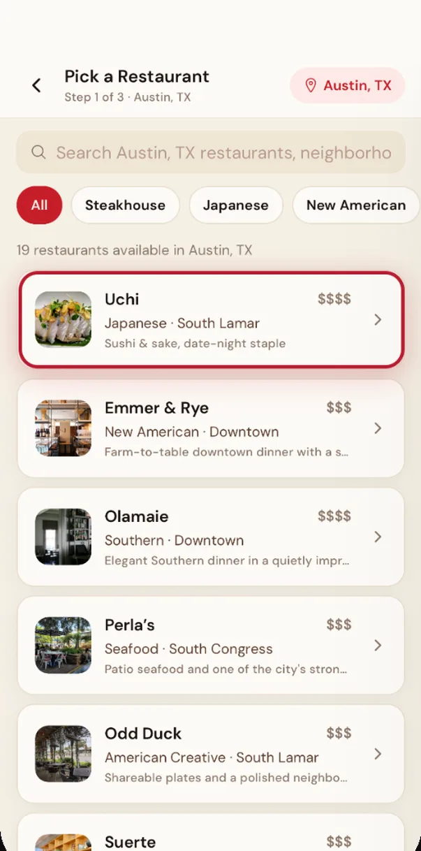 The Reserv app: picking an Austin restaurant to host a dinner plan