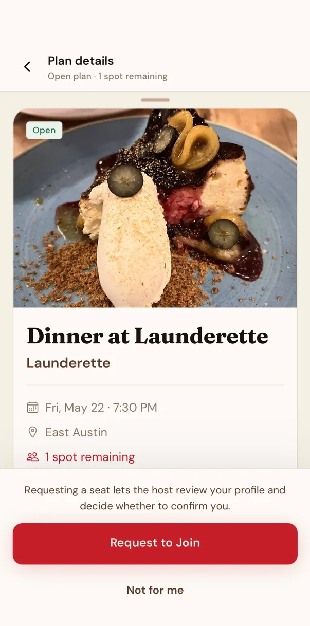 The Reserv app: a plan at Launderette with the date, time, neighborhood, one seat remaining, and a Request to Join button